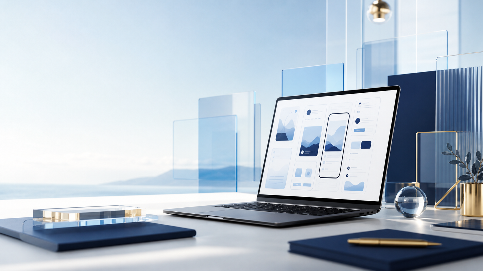Modern workspace with web and app interface concepts